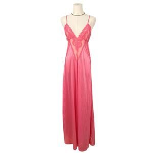 Vintage Flair Pink Lace Nightgown Medium Nylon Full Length Lingerie USA Romantic